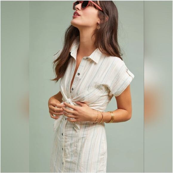 EUC Anthropologie Maeve Striped Button Down Tie Front Dress Beach Cotton 4 - Picture 2 of 13